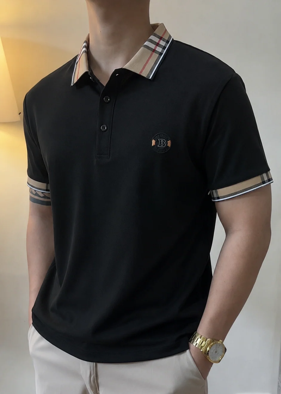Elegant  Plaid Emblem Polo T-Shirt